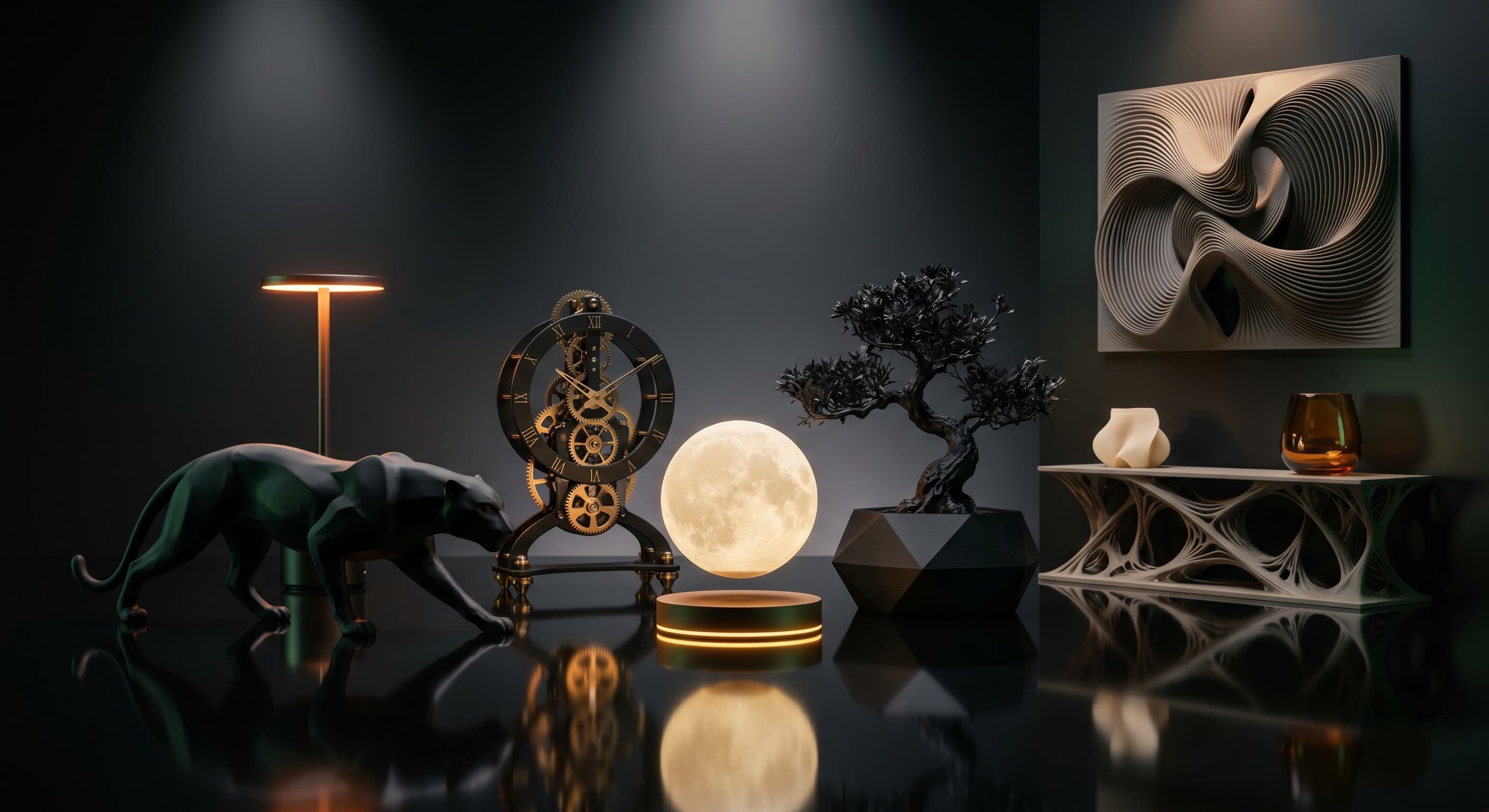 Home decor STL files — lamps, wall art, vases, and sculptures
